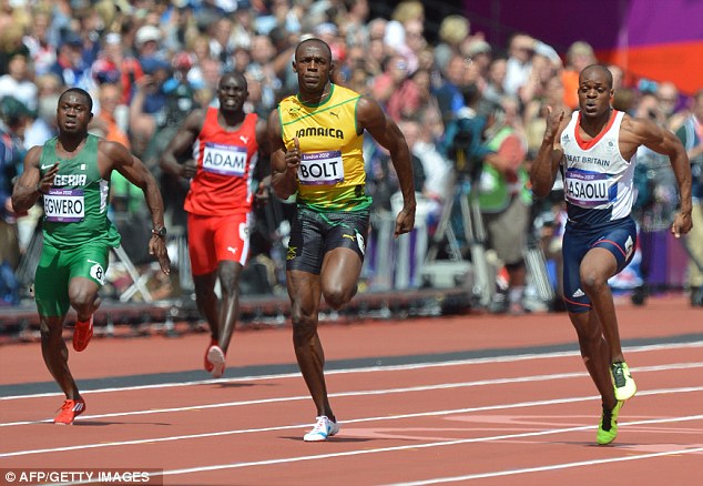 100m Round 1 at London Olympics - Usain Bolt flanked by  Ogho-Oghene Egwero James Dasaolu (currently Nigeria's and Britain's fastest men)