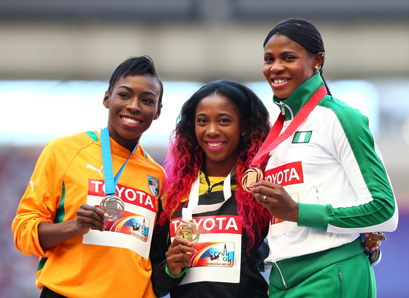 200m World Championship Medallists at Moscow 2013 (L-R - Cote d'Ivoire's Ahoure won Silver, Jamaica's Fraser-Pryce won GOLD and Nigeria's Okagabre won Bronze)