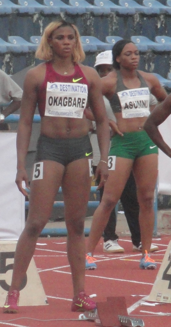 Okagbare and Asumnu at at the start-line of the 100 metre final at the Nigerian Trials