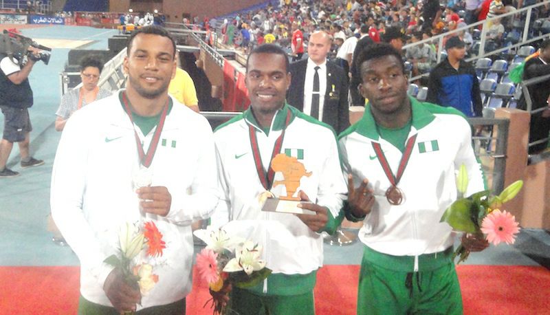 L-R, Alex Al-Ameen, Tryon Akins & Martins Ogieriakhi after medals ceremony, where they got Silver, GOLD and Bronze respectively in the 110mHurdles at the 2014 African Championships!