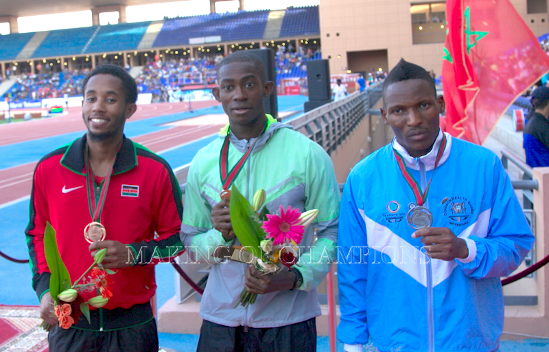 Hua Wilfried Koffi emerged double sprint champion at the 2014 African Championships in Marrakech. He won the 200m ahead of Isaac Makwala of Botswana (R) and Kenya's Carvin Nkata (L).