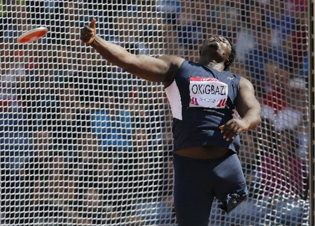 Nigeria's Richard Okigbazi during the Men's Para Sport Discus Throw F42/F44  (Photo Credit: AP Photo/Frank Augstein)