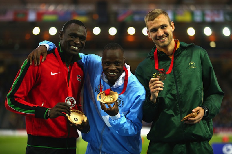 David Rudisha of Kenya (Silver), Nijel Amos of Botswana (GOLD) and Andre Olivier of South Africa (Bronze) in 800m at 2014 Commonwealth Games. (Richard Heathcote/Getty Images Europe)