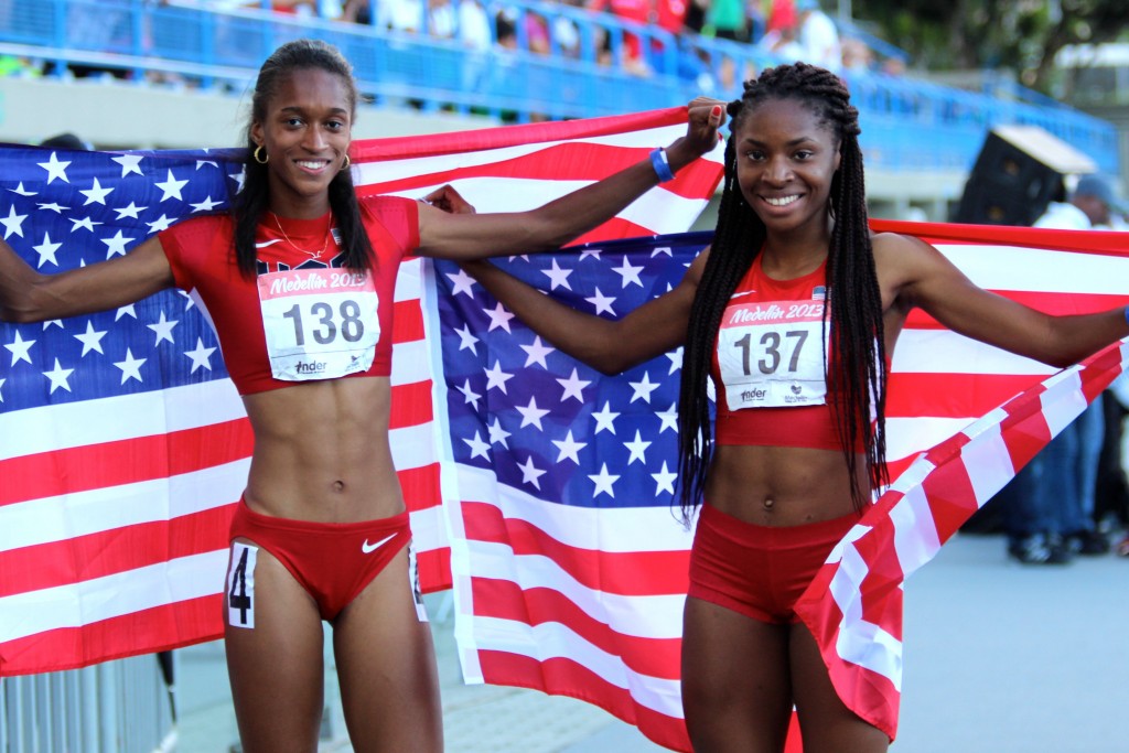Kendall Baisden (Left) and Courtney Okolo (Right) celebrate Team USA’s  4x400m women’s victory at the 2013 Pan American Juniors.  (Photo Credit: www.nationalscholastic.org)