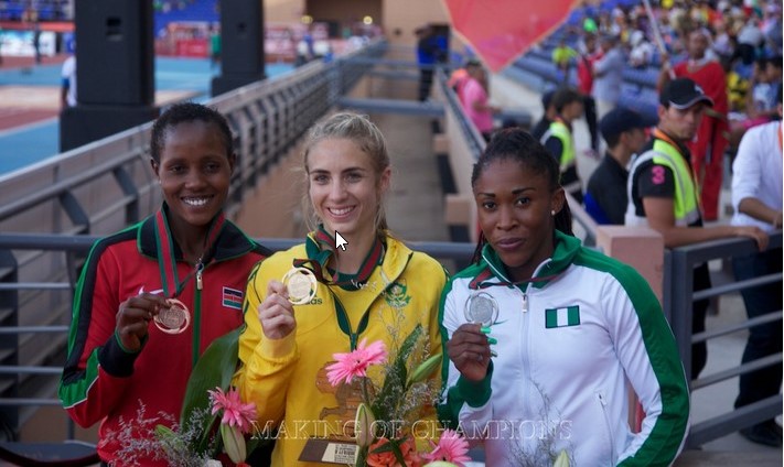 Nigeria's Amaka Ogoegbunam (Right) placed 2nd at the 2014African Championships behind world leader, South Africa's Wenda Nel (Centre).