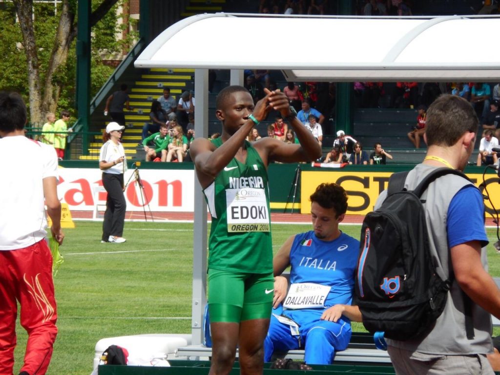 Edoki representing Nigeria at the 2014 World Junior Championships. Photo Credit: www.all-athletics.com