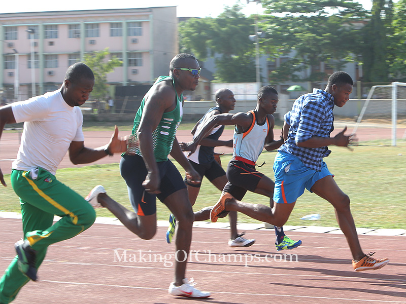 Coach Deji Aliu raced to victory in Heat 5 of the men's 100m.