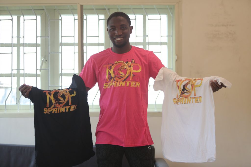 2nd place finisher Kingsley Aliu sporting his Top Sprinter branded T-Shirts