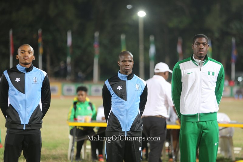 (L-R) Karabo Sibanda, Baboloki Thebe and Chidi Okezie set to collect their medals.