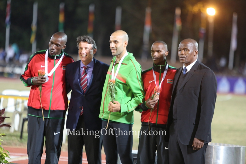 Medallists in the men's 1500m pose for a picture with IAAF President Seb Coe and ASA President Aleck Skhosana.