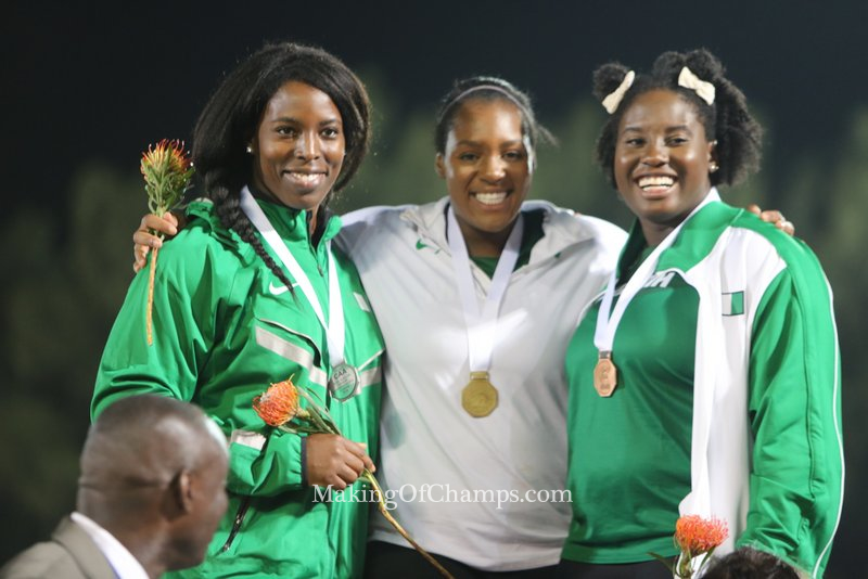 Nwanneka Okwelogu (C), Chinwe Okoro (L) and Chioma Onyekwere (R) made it a 1-2-3 for Nigeria in the women's Discus.