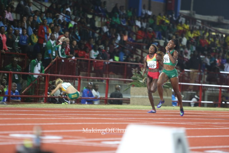 Uhunoma Osazuwa racing through to the finish line in the 200m-Heptathlon. 
