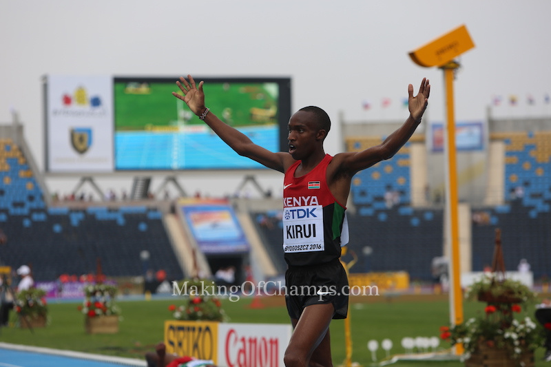Amos Kirui raising both hands after clinching GOLD for Kenya in Men's 3000m Steeplechase. Photo Credit: Making of Champions / PaV media