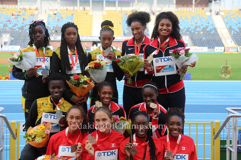 The top three finishers in women's 4x400m relay: Team USA, Team Jamaica & Team Canada. Photo Credit: Photo Credit: Making of Champions/ PaV media 