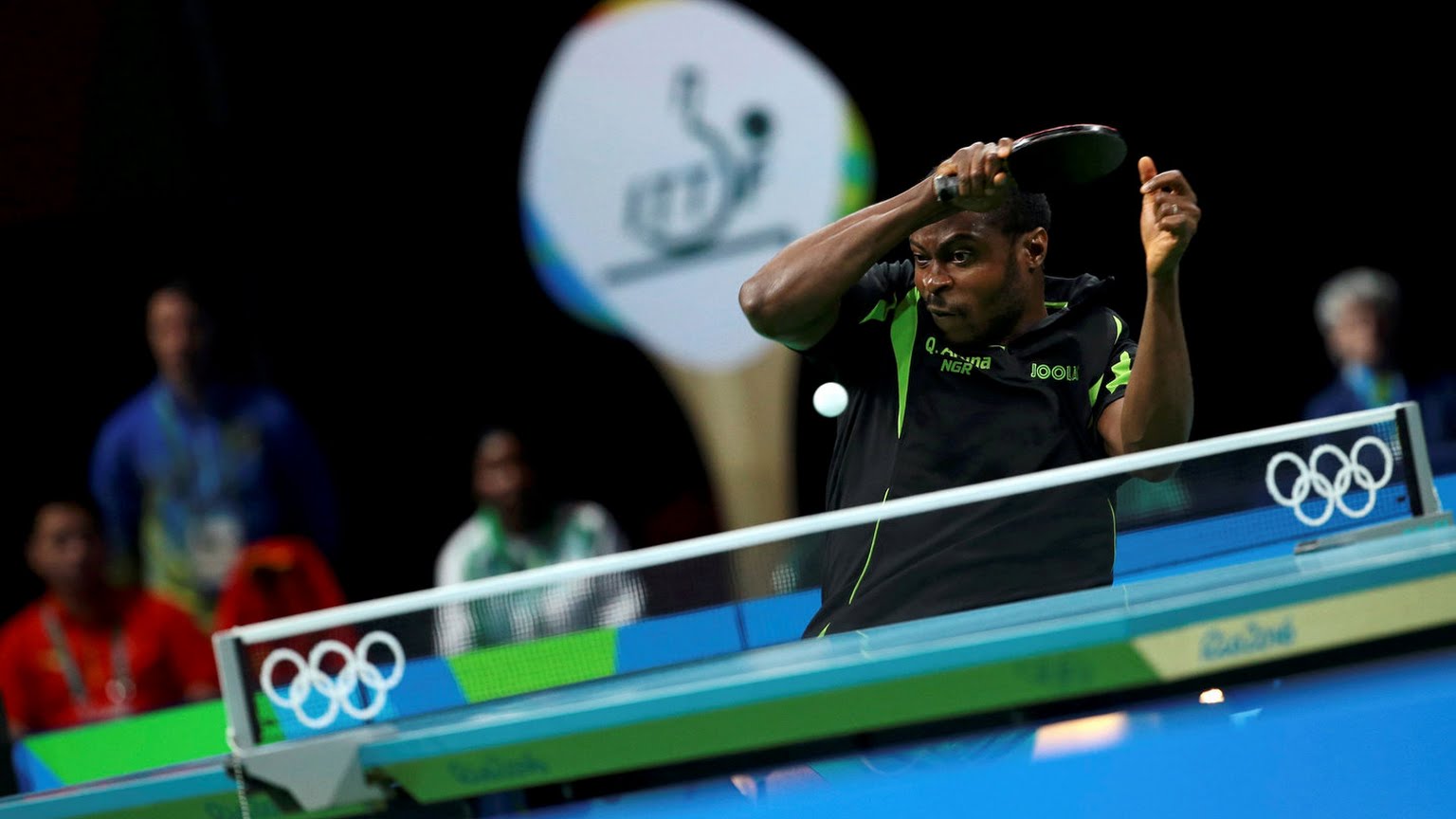 Aruna Quadri returning a serve in one of his epic matches at the Rio 2016 Olympic Games. Photo Credit: OlympicGamesRio2016