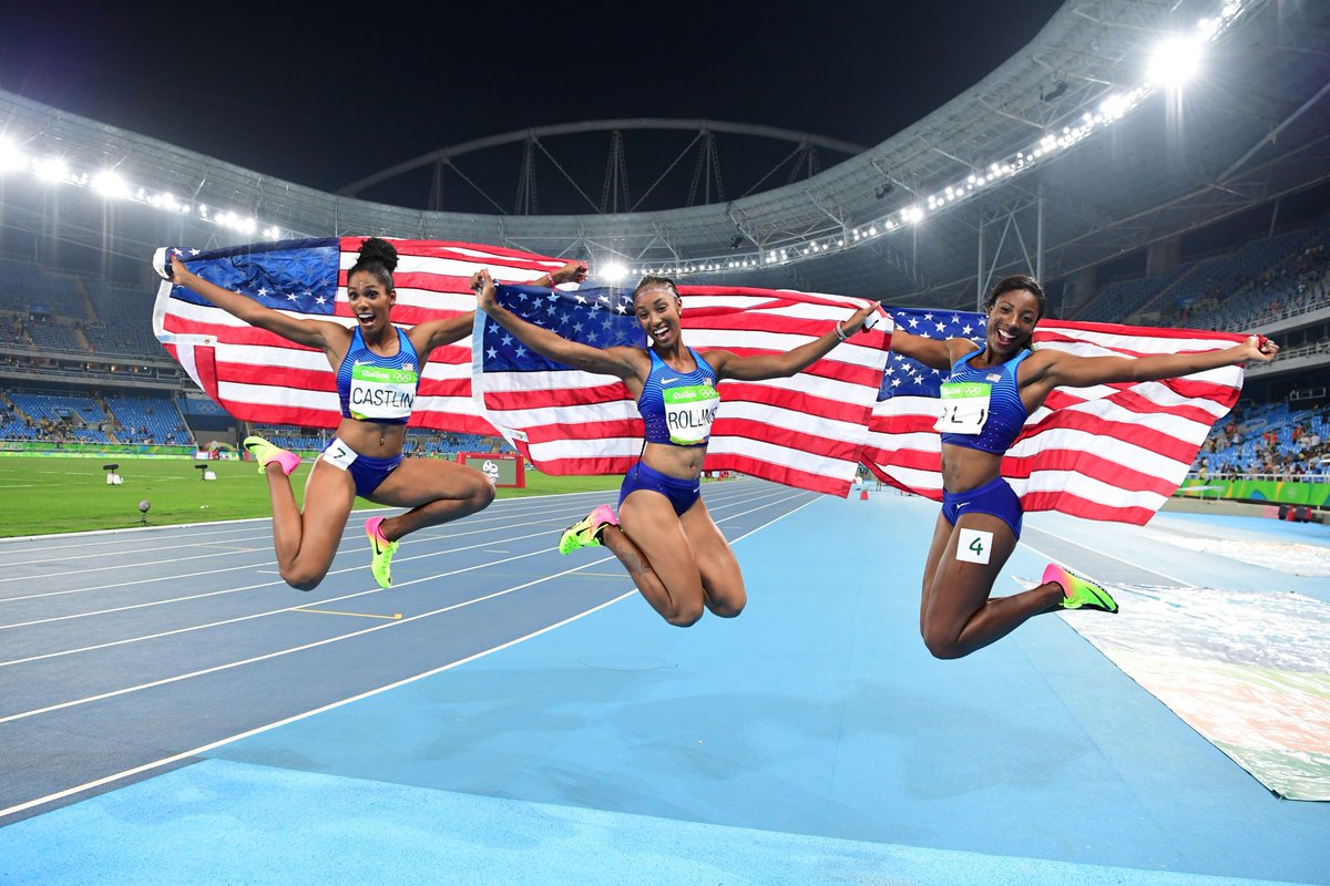 Castlin, Rollins and Ali celebrating having a clean sweep in the women's 100m Hurdles. Photo Credit: @iaaforg