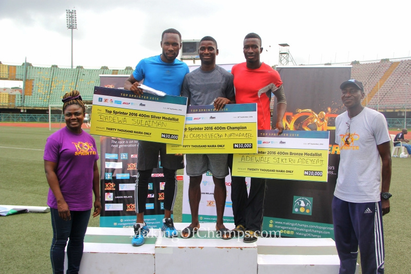 The Top 3 performers in the men's 400m are flanked by African Record holder in the 100m Hurdles Glory Alozie, and Athletics Coach Uruemu Adu.