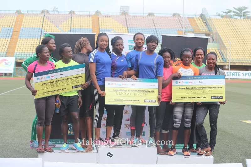 Mercy Ntia-Obong anchored the Cross River team to victory in the women's 4x100m ahead of Osheku Striders (L) and Eaglesight (R).