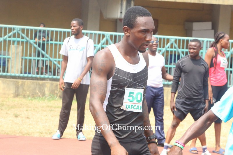 Peter Moreno leaving the track after his 300m event