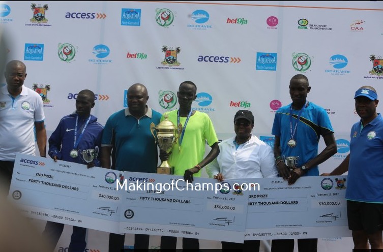 Lagos State Governor Akinwumi Ambode presently the top three their trophies and cheques