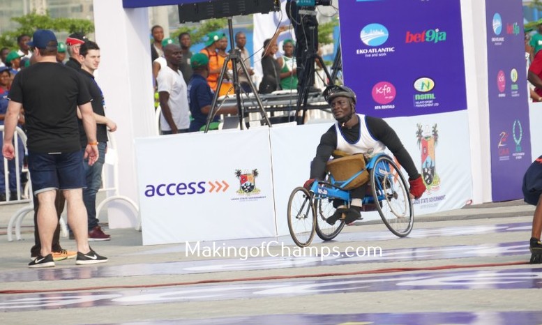 Sefiu Adewale was the first athlete to cross the finishing line in the 10km Wheelchair race.